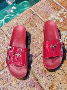 Giuseppe Zanotti Brett Zipp Red Patent Slides Mens 46 US12 Luxury EUC